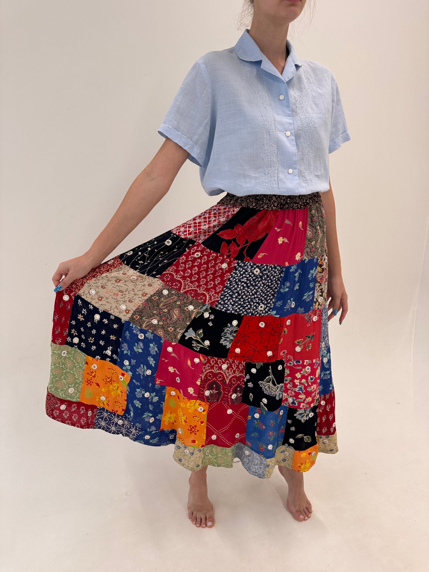 Fustă maxi in croi elaborat patchwork super vaporoasă cu talie elastică