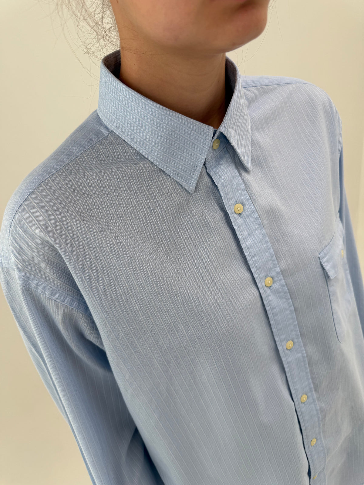 Cămașa luxury Cacharel baby blue din bumbac gros pique cu dungi fine