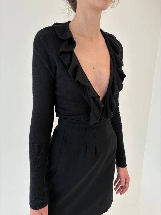 Cardigan negru cropped cu volane din    55% cașmir cu vâscoza