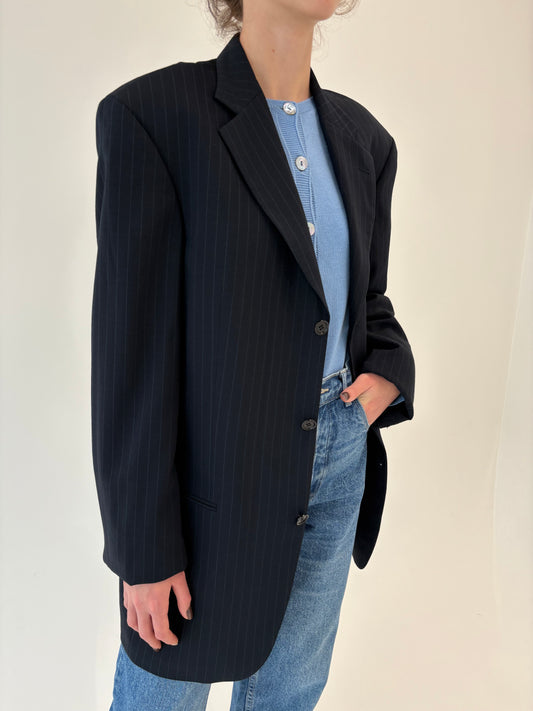 Sacou Hugo Boss din lana și mătase naturală Navy cu dungi fine verticale
