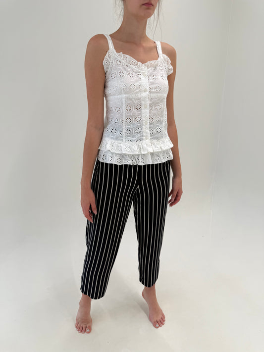 Pantaloni super vaporoși de vară Navy cu dungi verticale și talie elastică