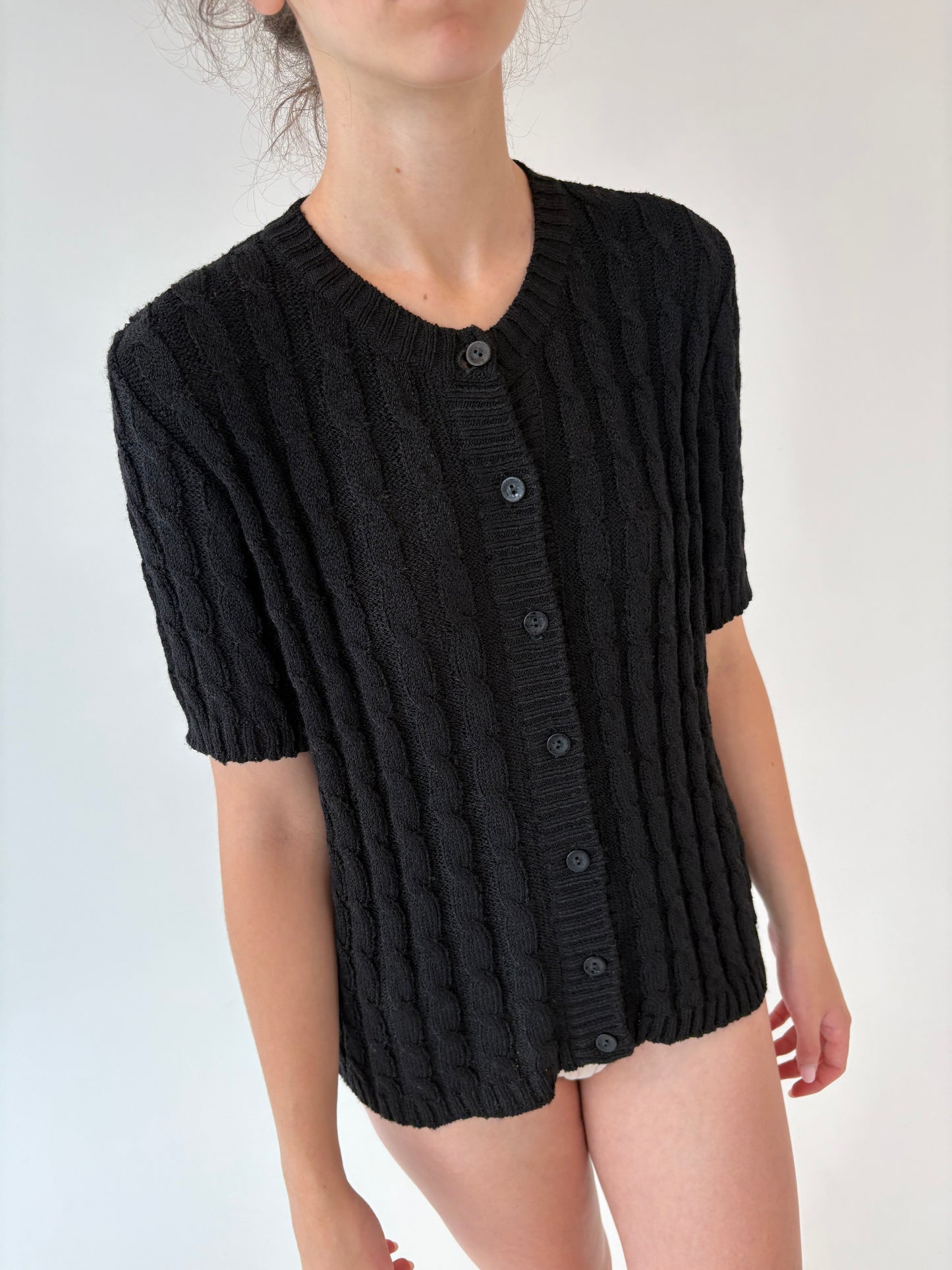 Top vintage negru italian din jerse de vară cu torsade