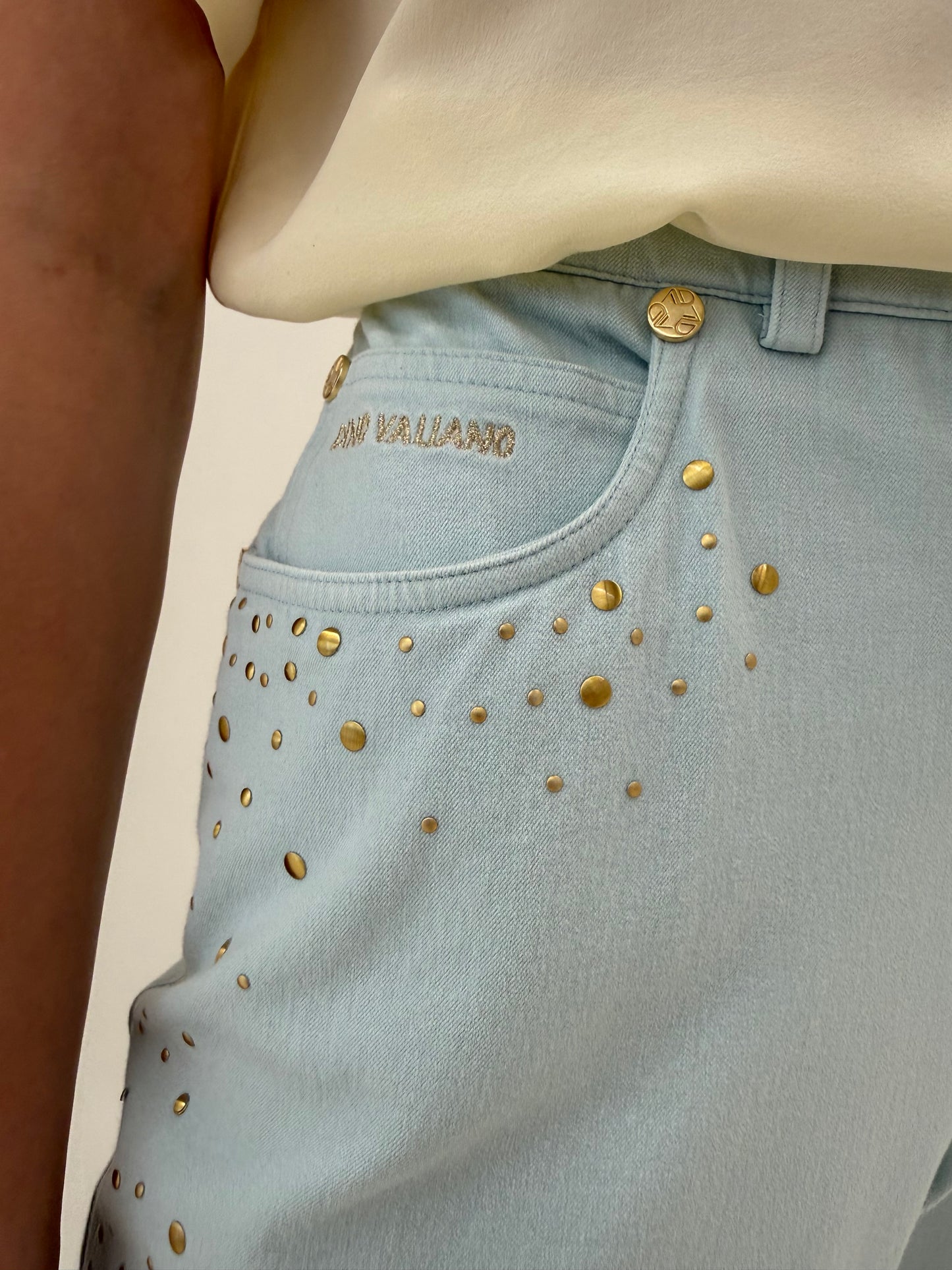 Pantaloni premium de vară baby blue italinesti cu aplicații auriu pudrat ultra confort