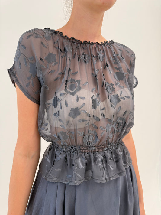 Top peplum cu talie elastică din mătase naturală texturată