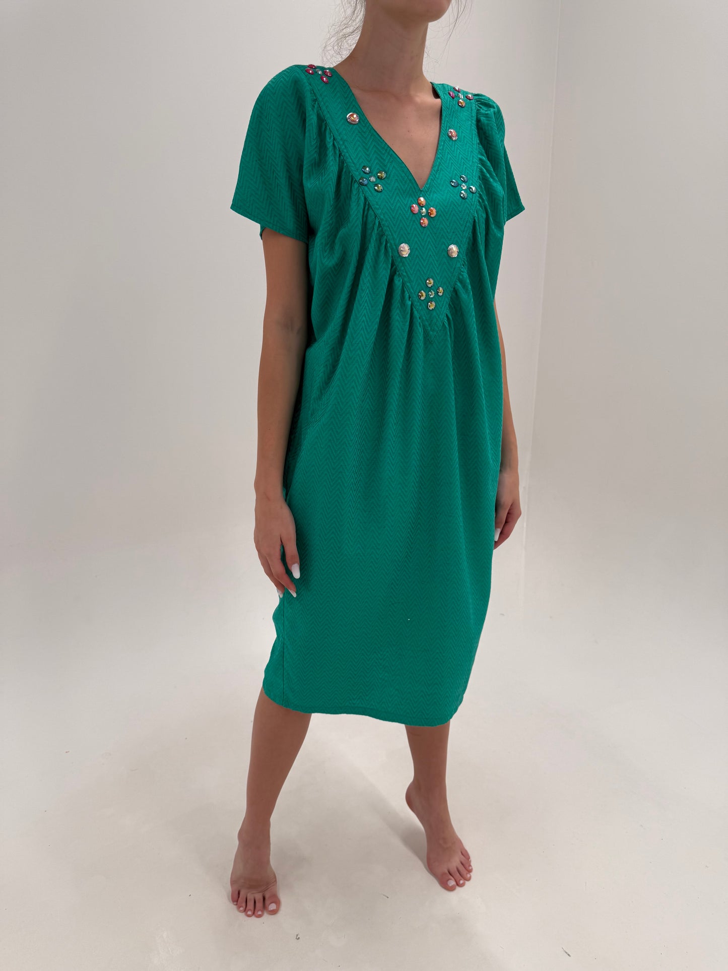 Rochie vintage emerald green cu aplicații manuale din pânză luxury