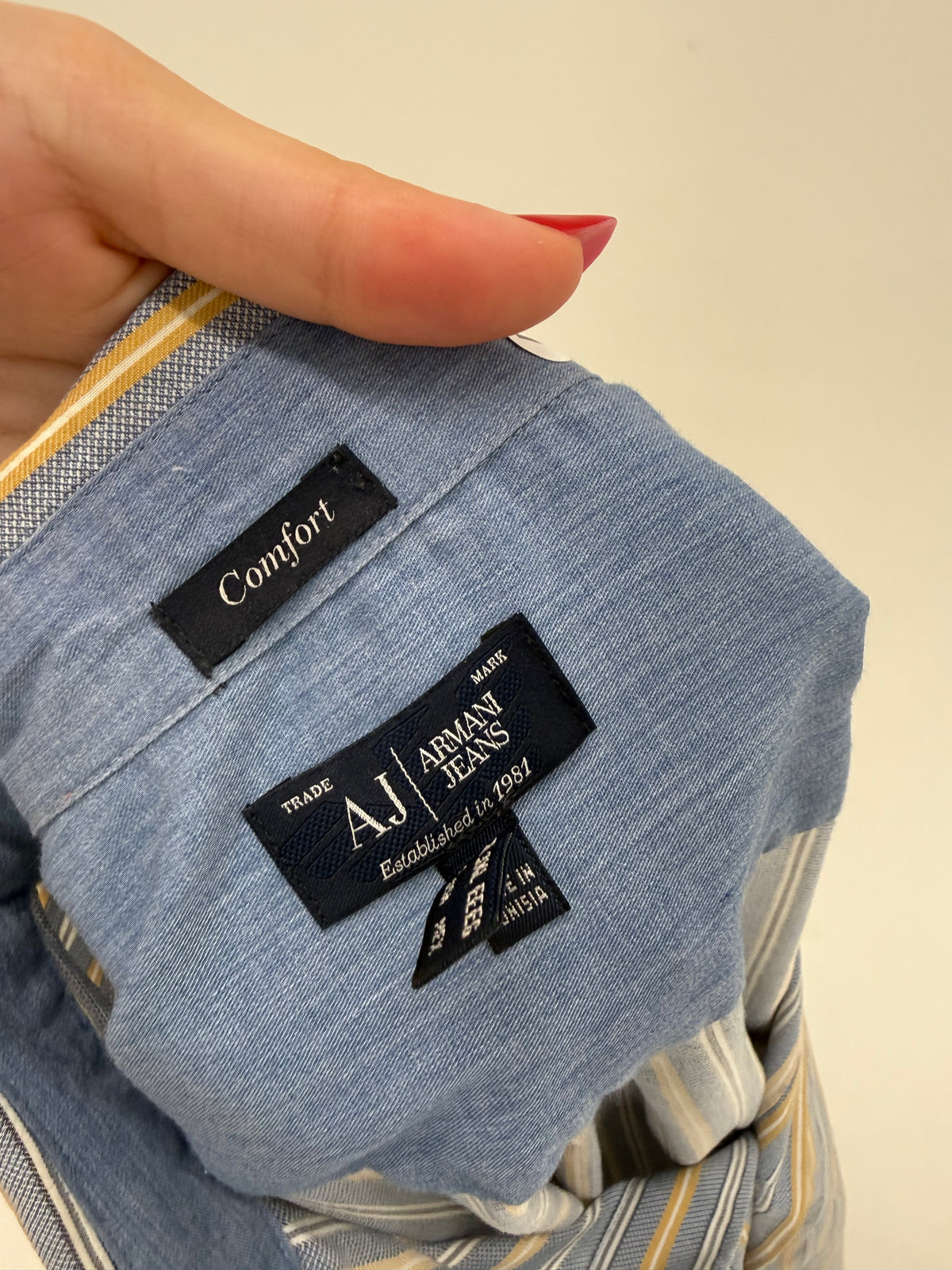 Cămașa Armani tall plus size baby blue cu dungi verticale camel din bumbac texturat