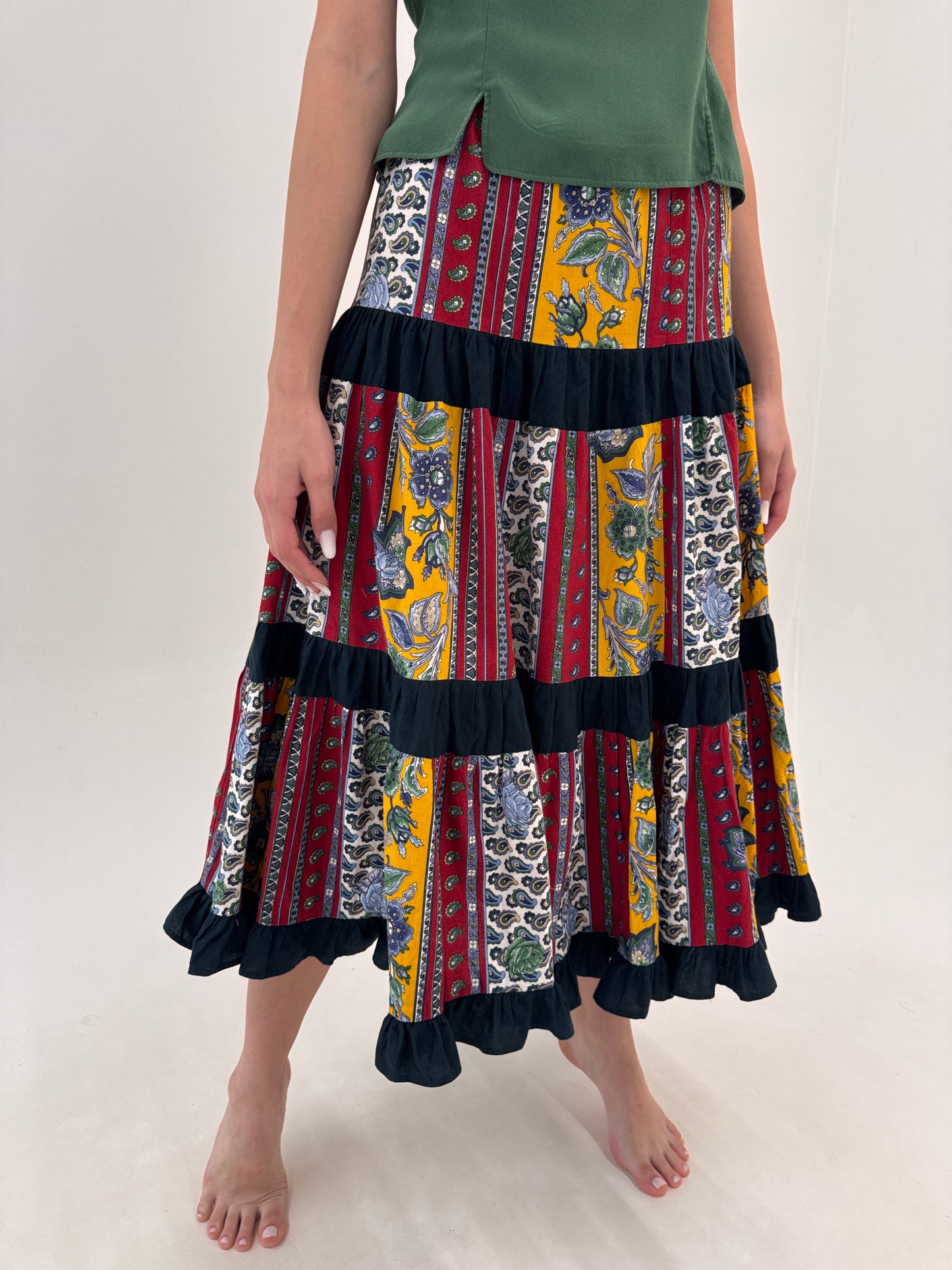 Fustă italiană maxi ultra amplă în croi elaborat patchwork fin pânză de bumbac