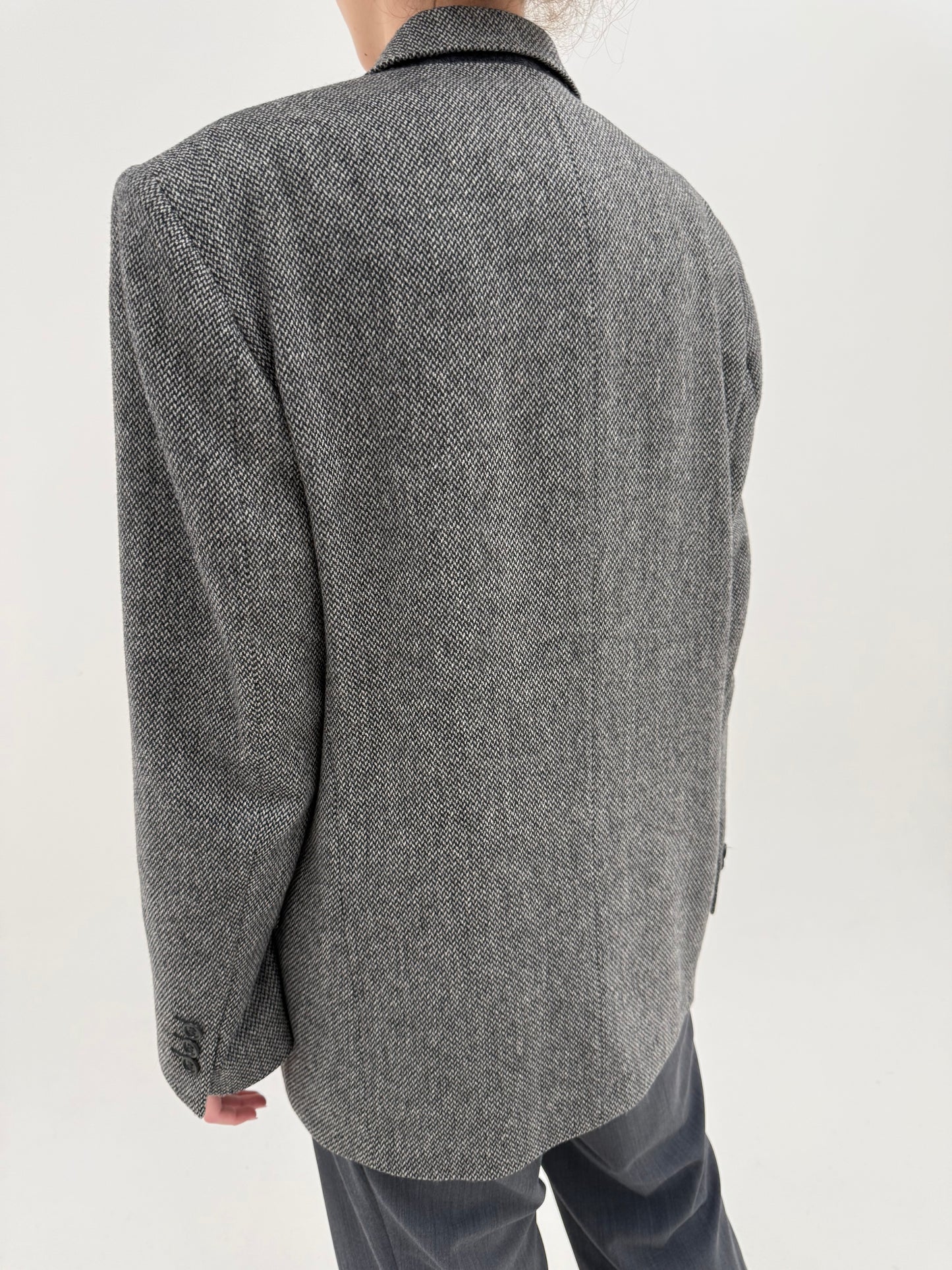 Sacou italian din stofă groasă Chevron de lana virgină alb cu negru