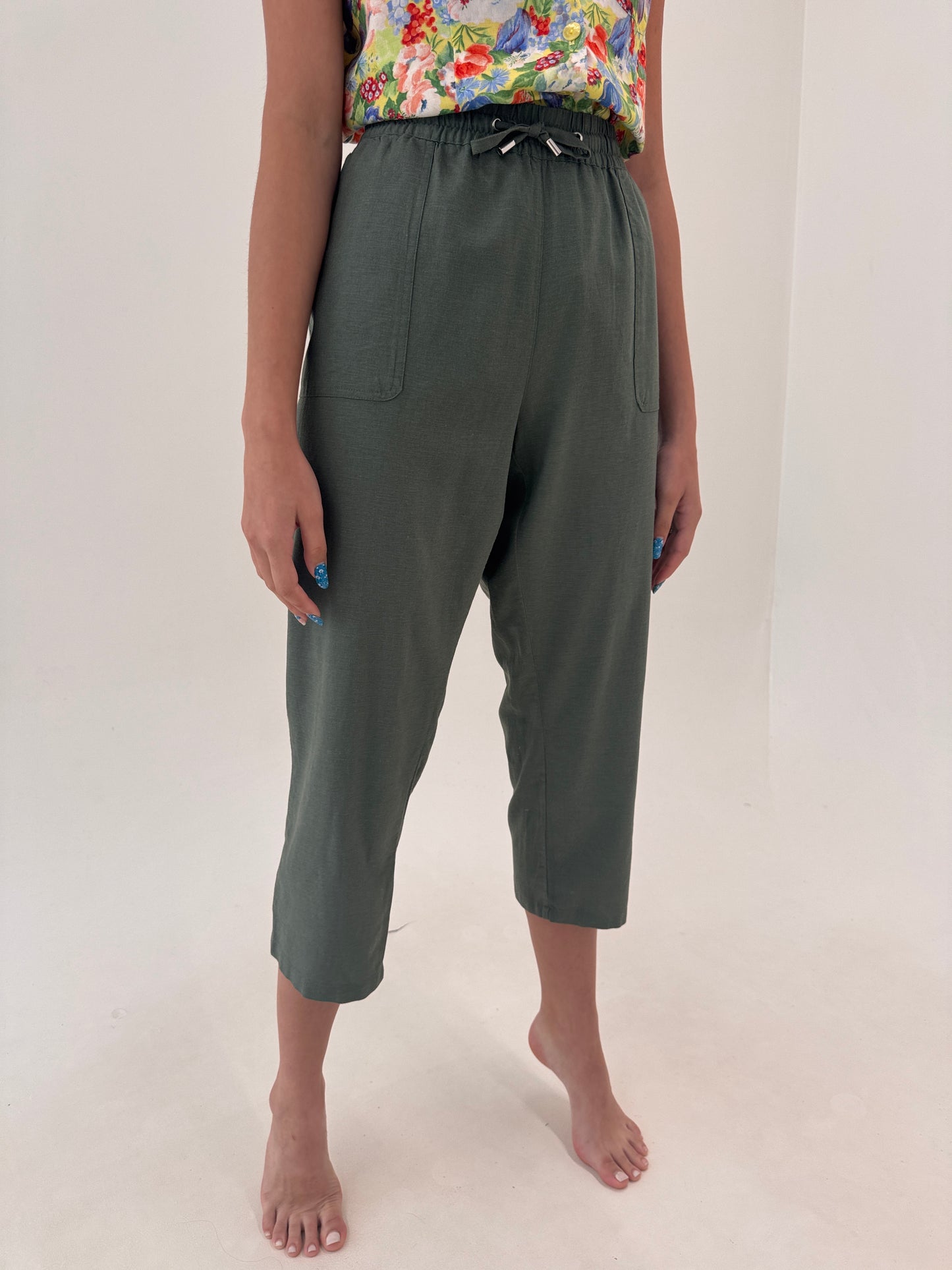 Pantaloni petite kaki din pânză de in cu talie elastică reglabilă