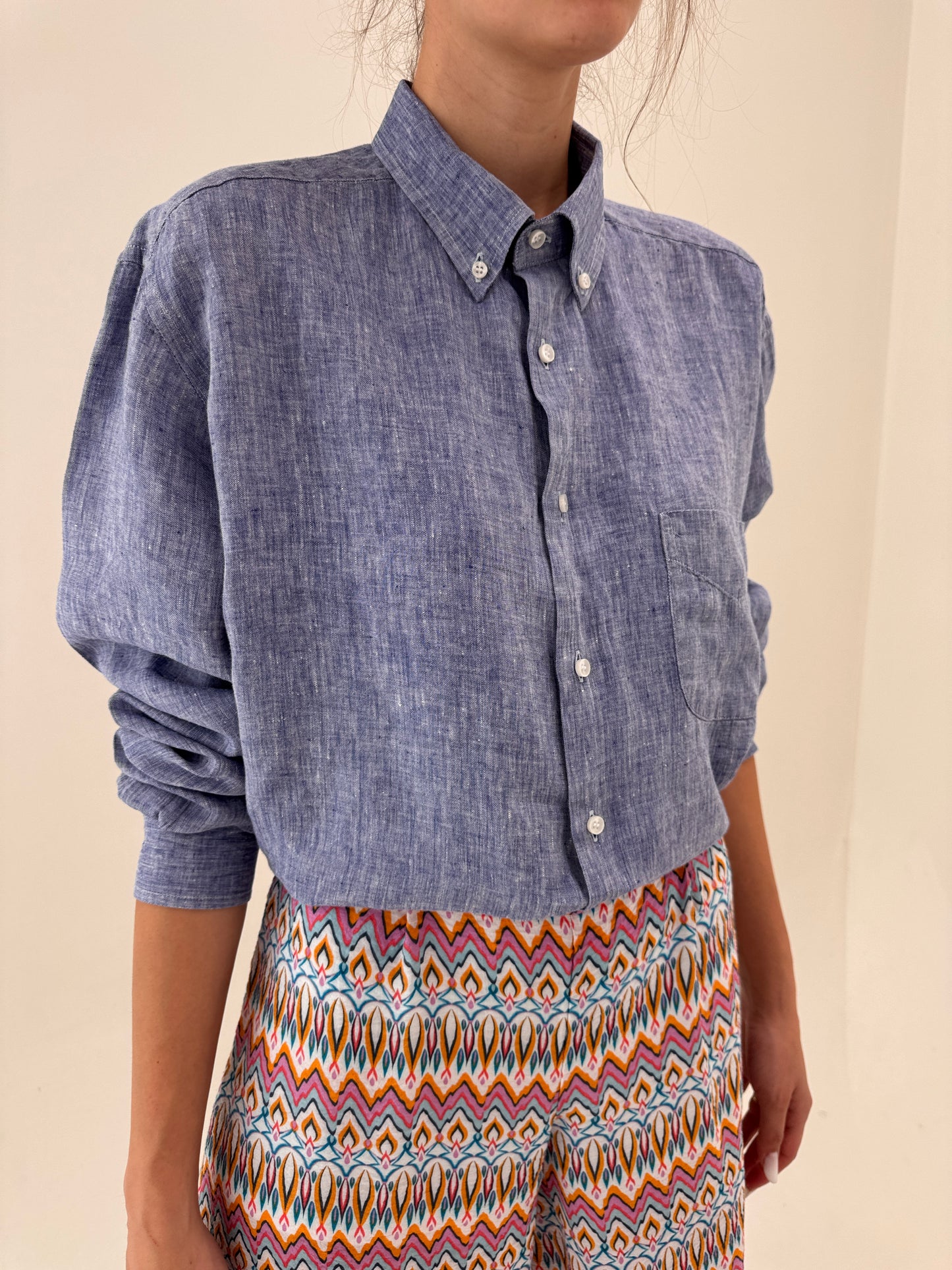Cămașa light Jeans Blue din in italian excepțional în croi oversized