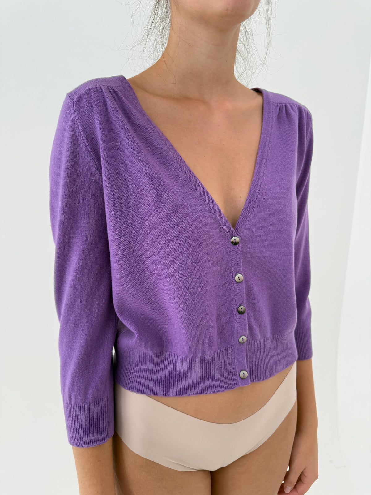 Cardigan lavender din cașmir în anchior du mânecă 3/4