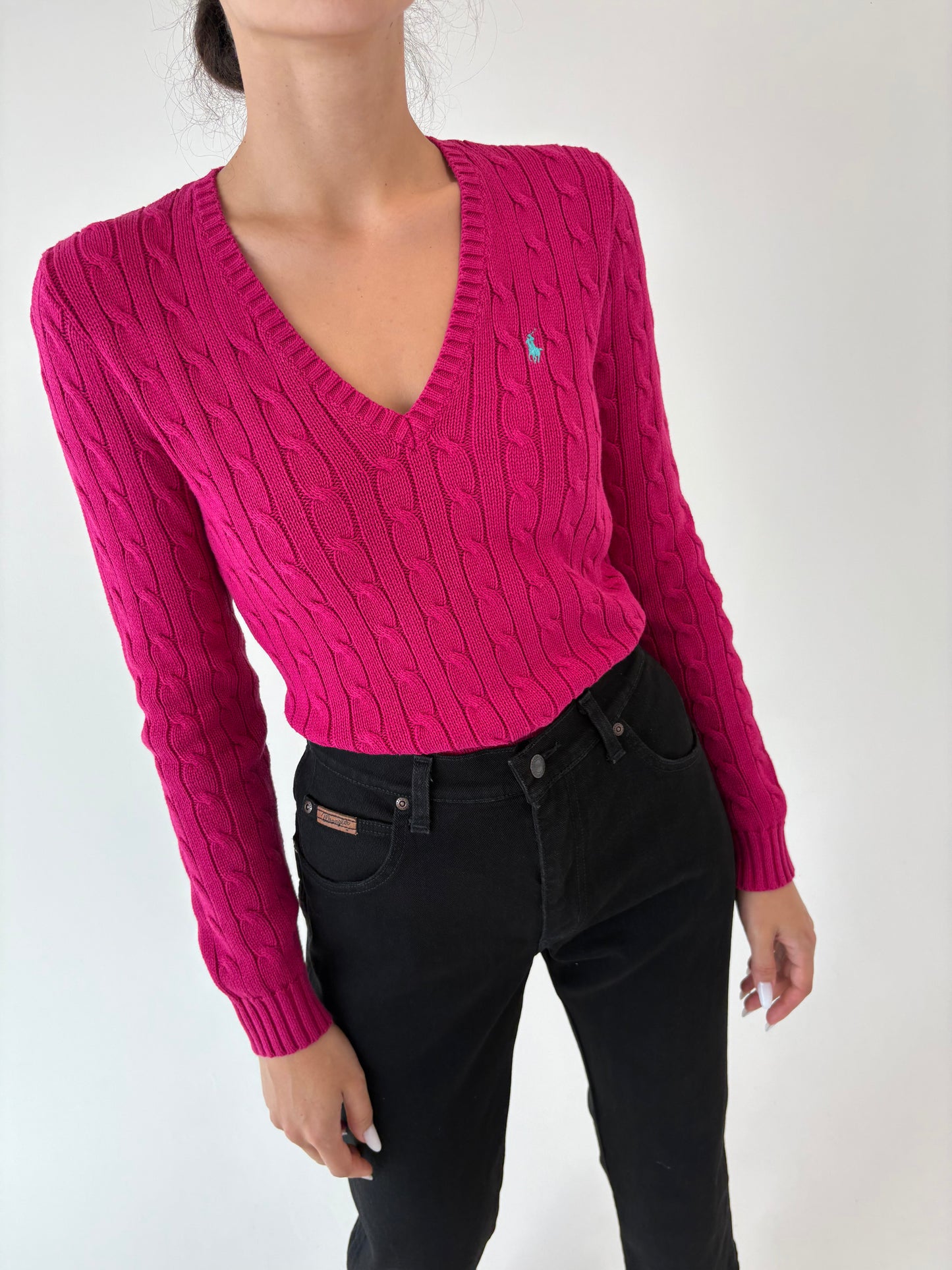 Pulover cu torsade fucsia Ralph Lauren din bumbac cu torsade