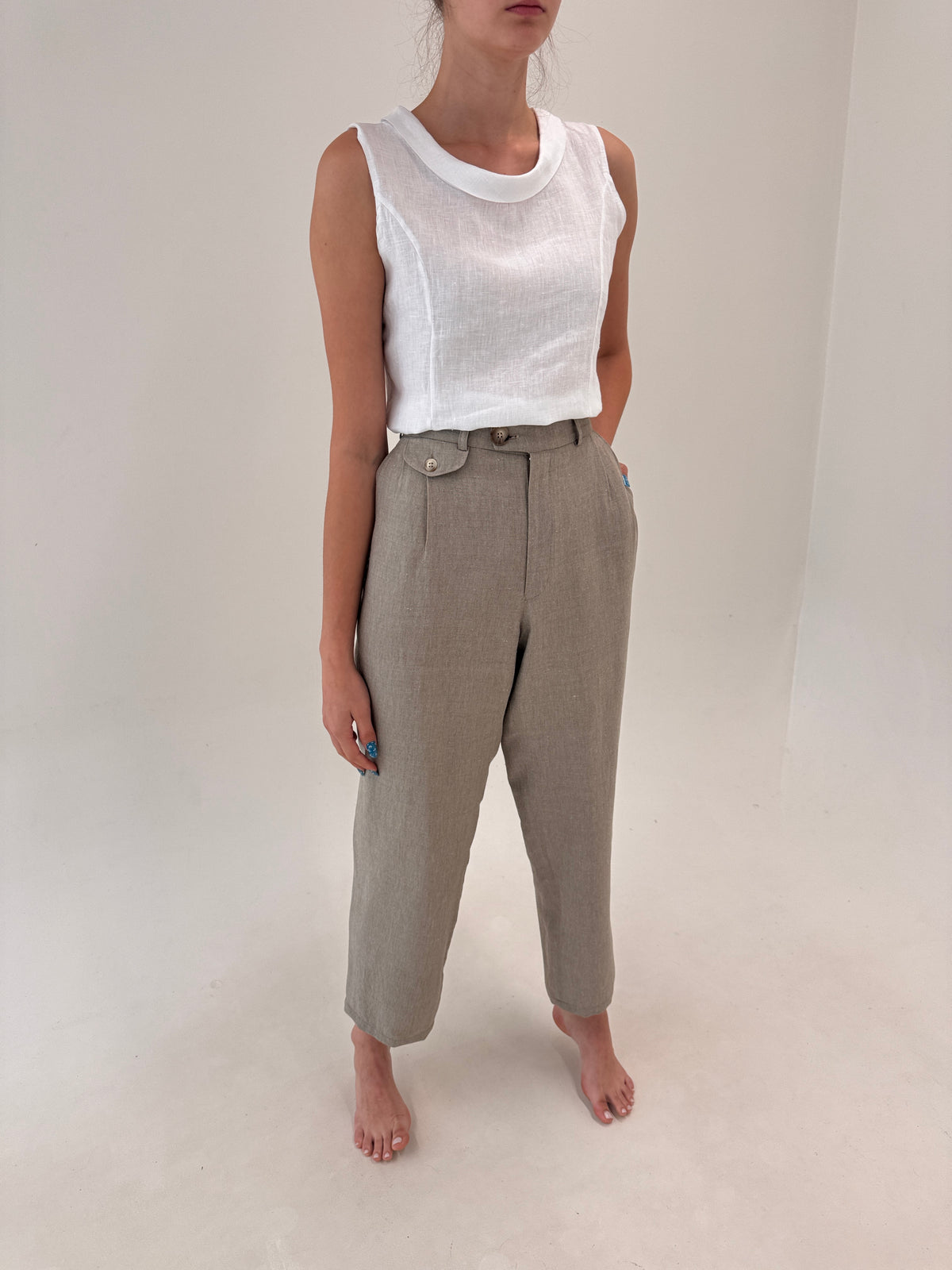 Pantaloni grej vintage italienești tall fin pânză excepțională de in și vascoza