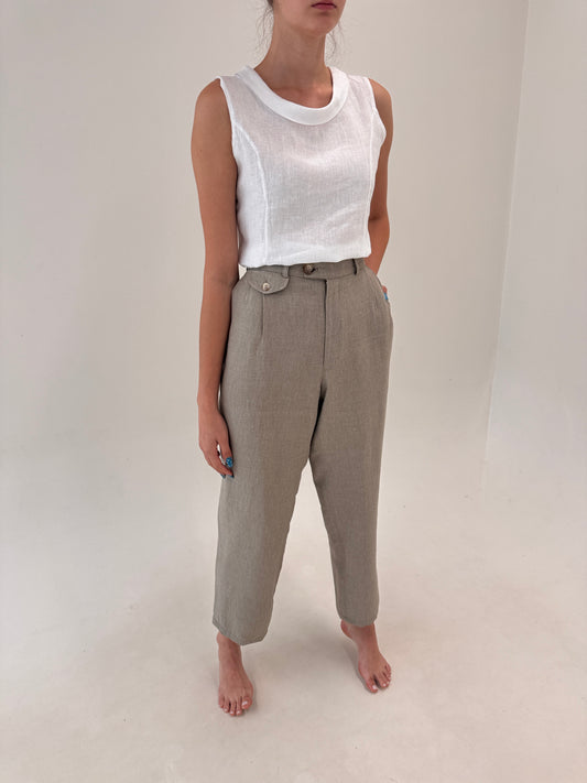 Pantaloni grej vintage italienești tall fin pânză excepțională de in și vascoza
