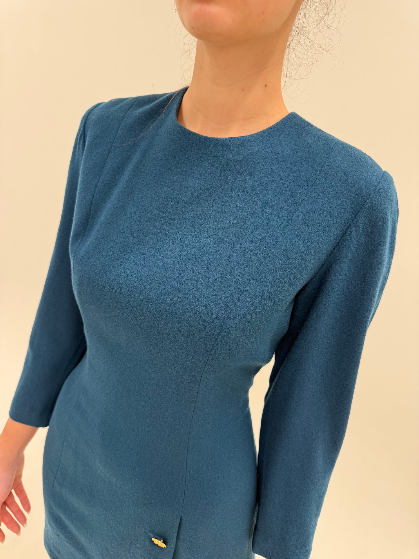 Rochie vintage italiană dark teal cu talie marcată din lana extrafina certificată