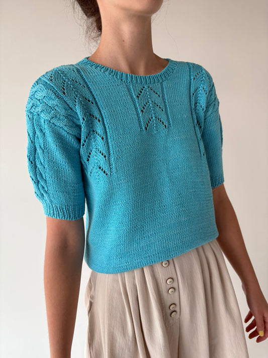 Top vintage premium turcoaz din jerse excepțional dantelat