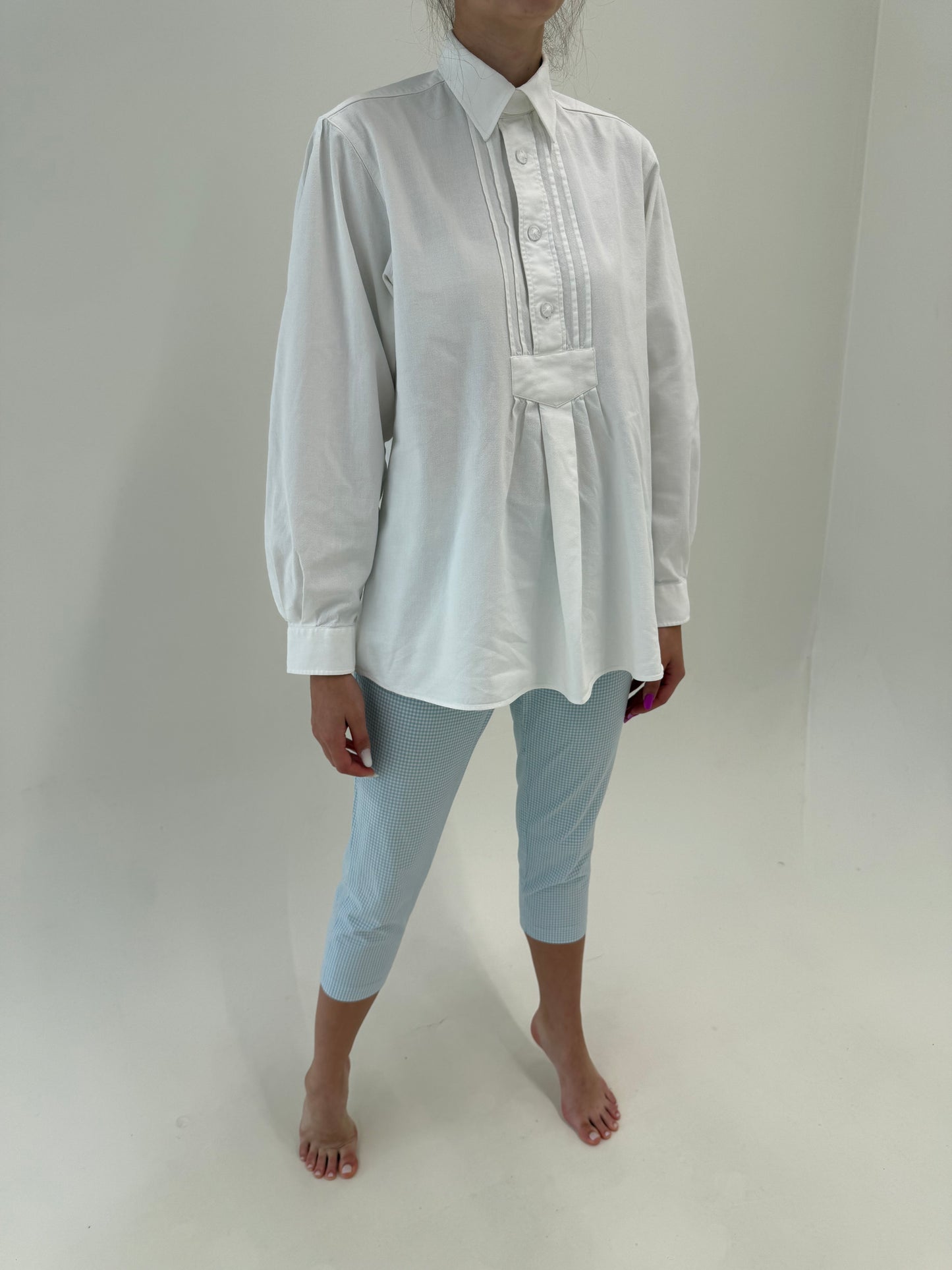 Pantaloni capri gingham alb cu baby Blue super în trend din bumbac ultra confort