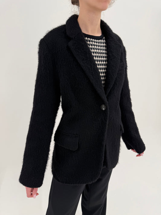 Sacou negru gros cu închidere tip smoking din lana cu aspect de blăniță