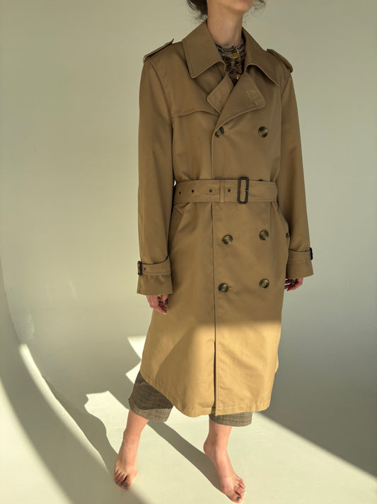 Trench vintage camel din garbardina groasă cu lana impermeabilă tall