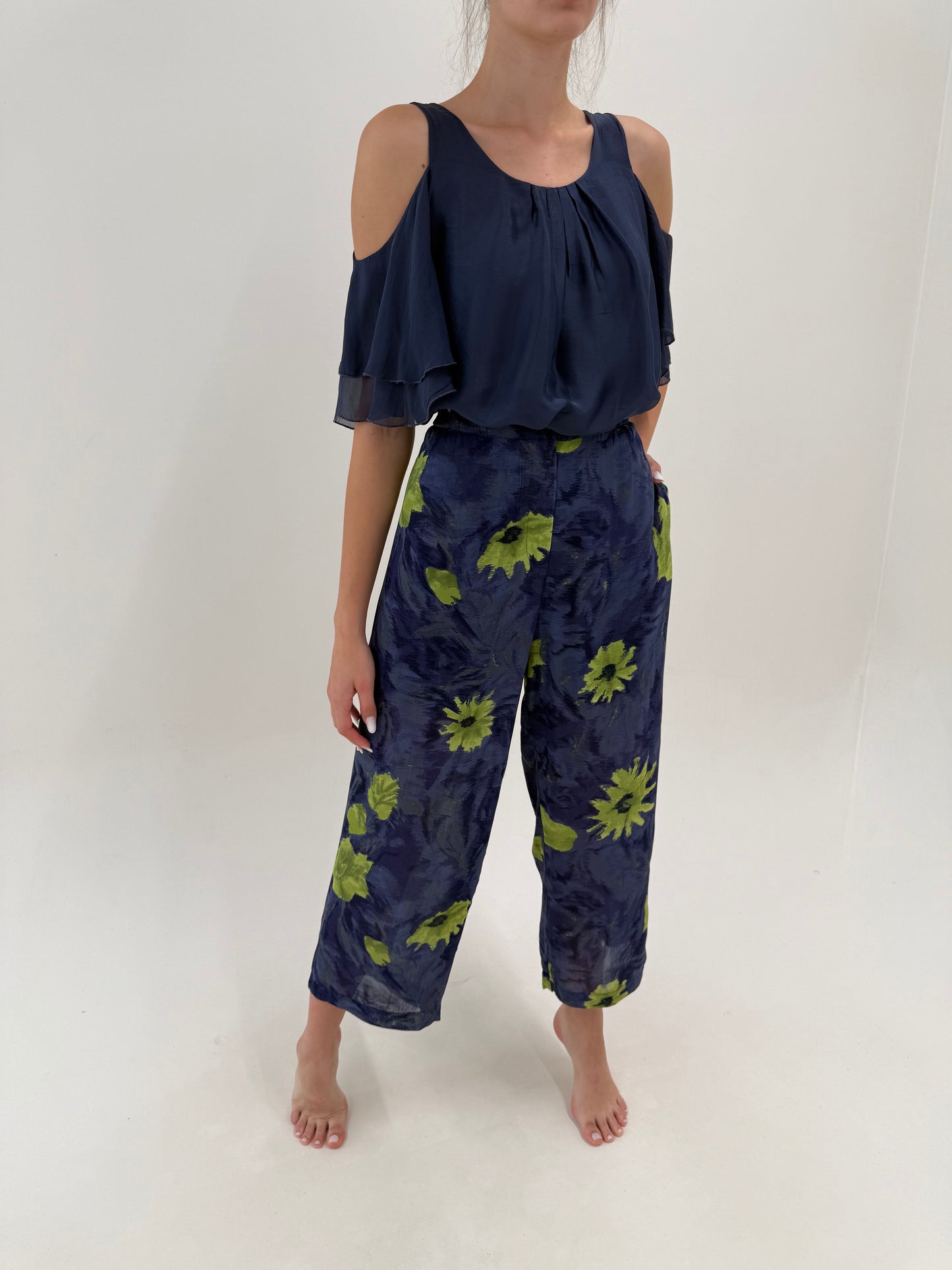 Pantaloni palazzo super vaporoși jeans blue cu talie ultra înaltă