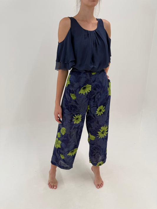 Pantaloni palazzo super vaporoși jeans blue cu talie ultra înaltă