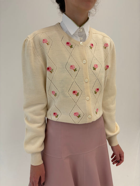 Cardigan vintage excepțional butter white din lana merino de gramaj mare