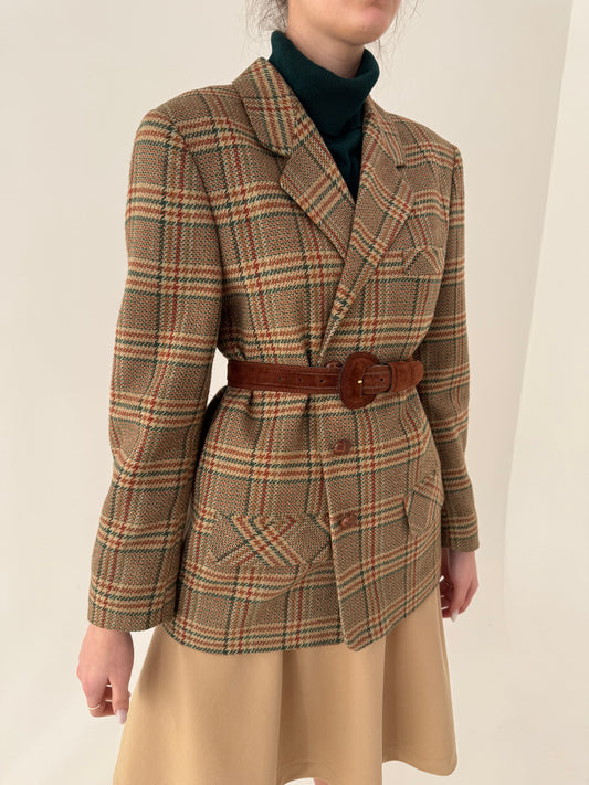 Sacou camel în carouri din lana extrafina și croi clasic