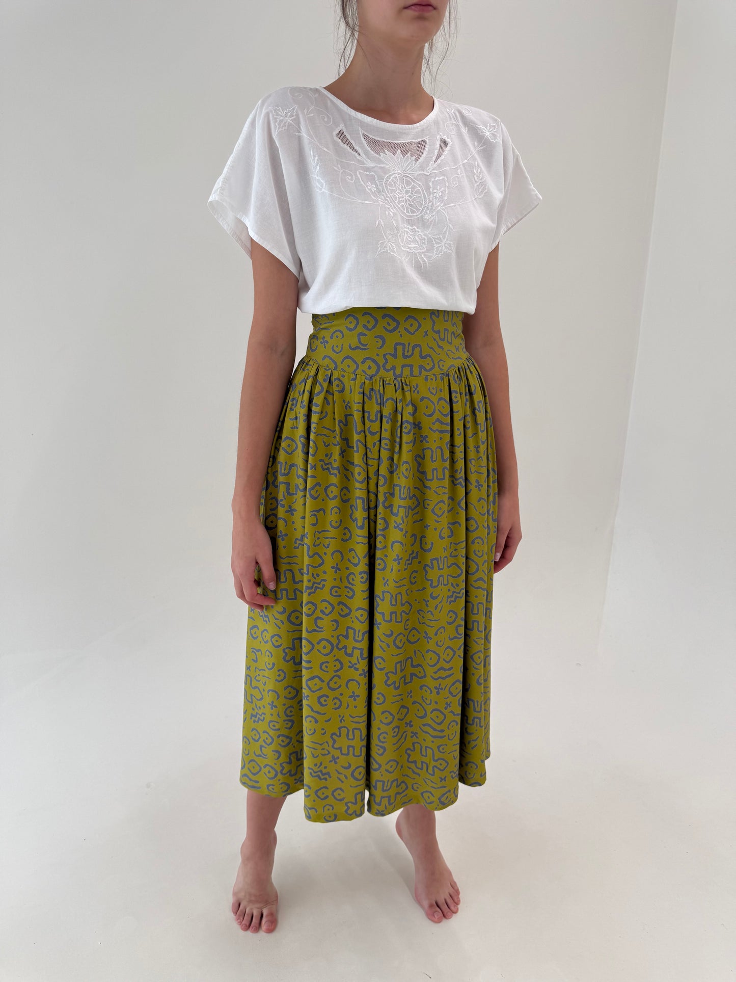 Fustă vintage maxi super vaporoasă olive green cu talie ultra marcată