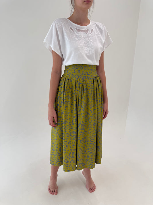 Fustă vintage maxi super vaporoasă olive green cu talie ultra marcată