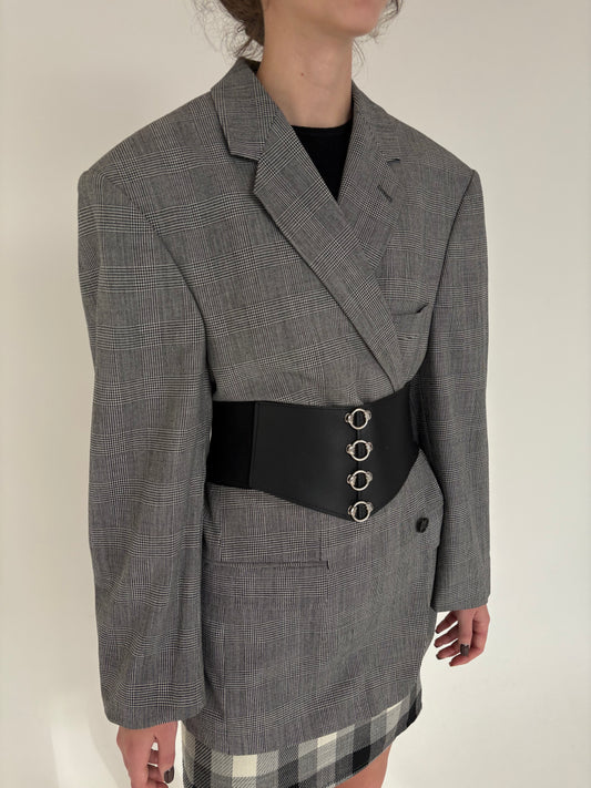 Sacou în carouri pied de coq alb negru din lana extrafina certificată