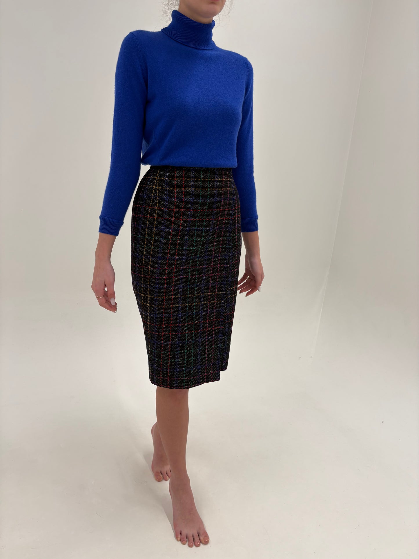 Fustă luxury Nina Ricci din tweed bijuterie subțire negru cu inserții curcubeu