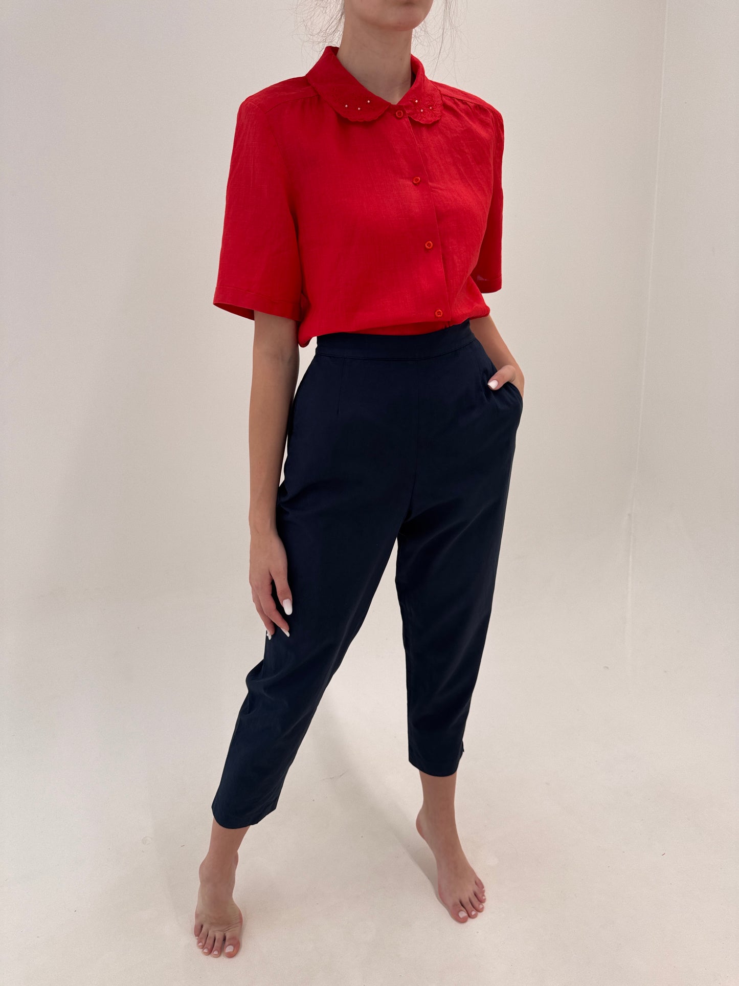 Pantaloni Navy țigaretă petite cu talie ultra înaltă marcată și solduri generoase