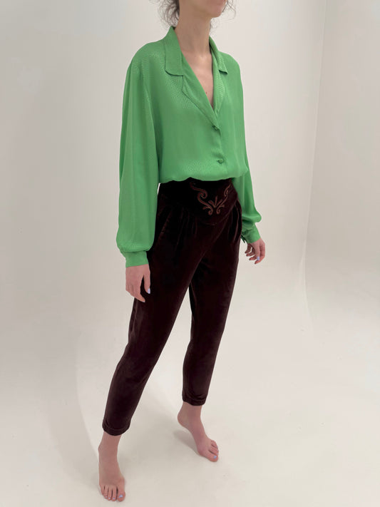 Pantaloni vintage in croi uber chic din catifea cu talie ultra ultra marcată și înaltă