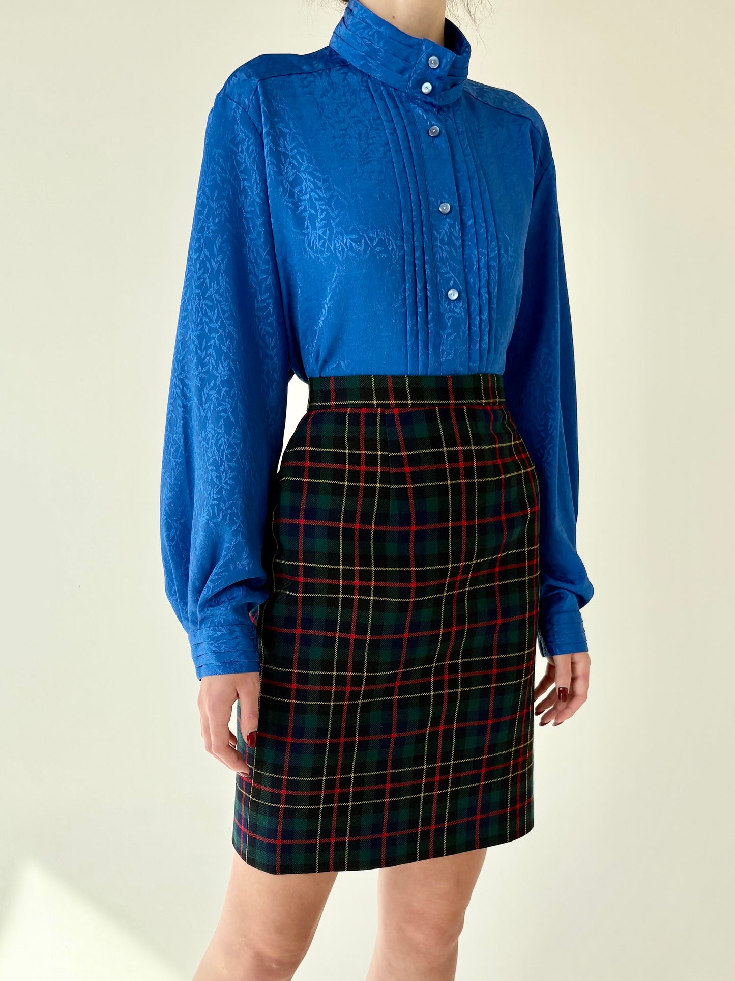 Fustă conică din Tartan de lana extrafina cu talie ultra înaltă marcată