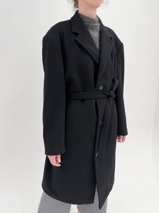 Palton negru din stofă 100% cașmir cu talie reglabilă din cordon