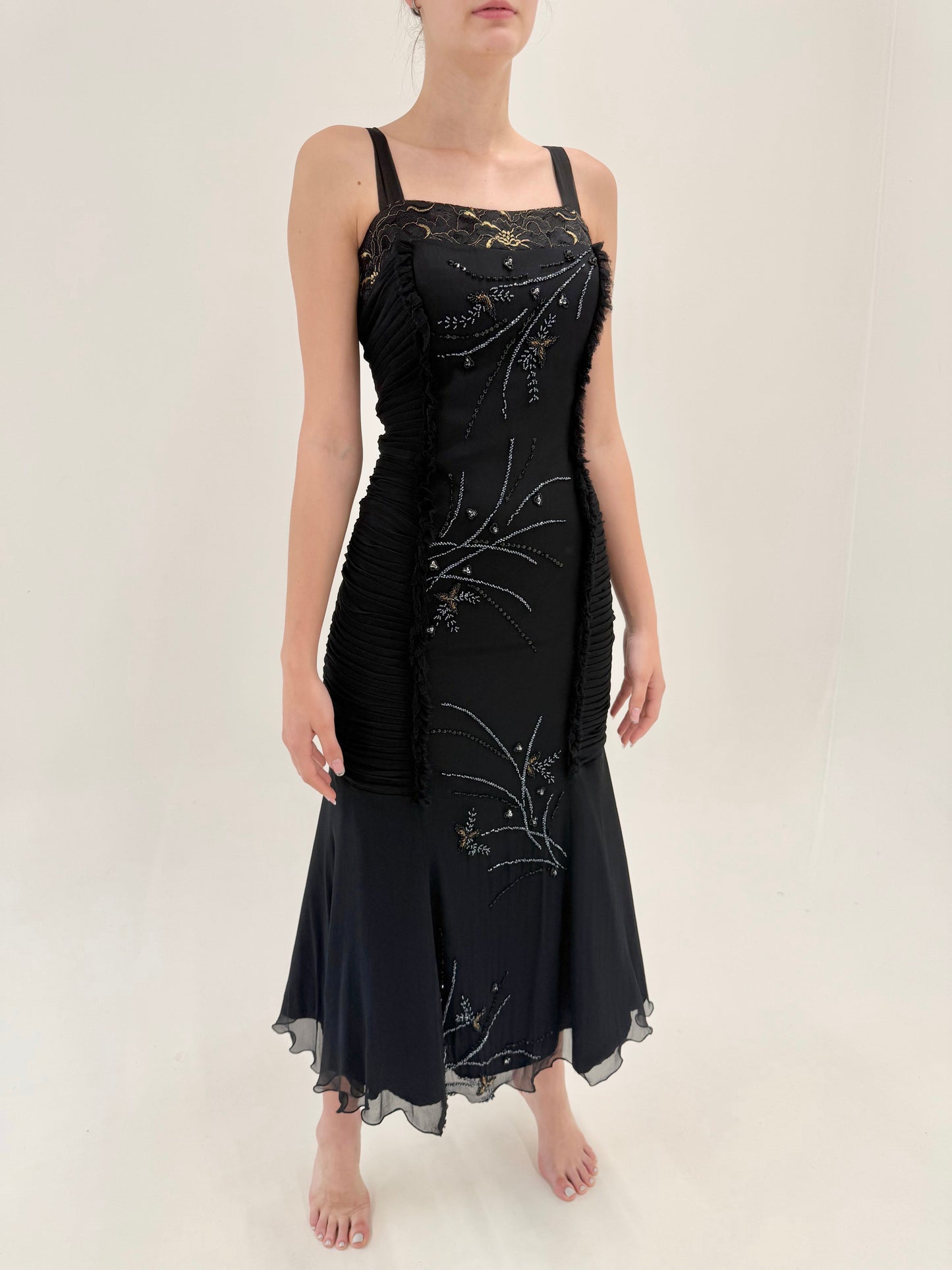 LBD vintage couture mermaid din mătase naturală cu aplicații manuale