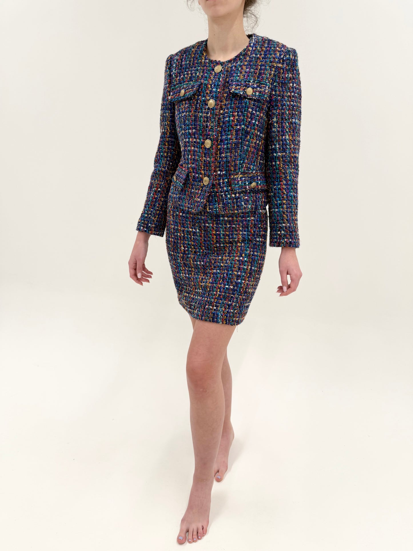 Set vintage in stil Chanel din 3 piese din tweed superb multicolor