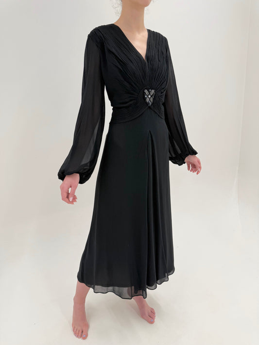 LBD maxi Old vintage anii 40 de colecție din heavy silk georgette cu influențe Art Deco