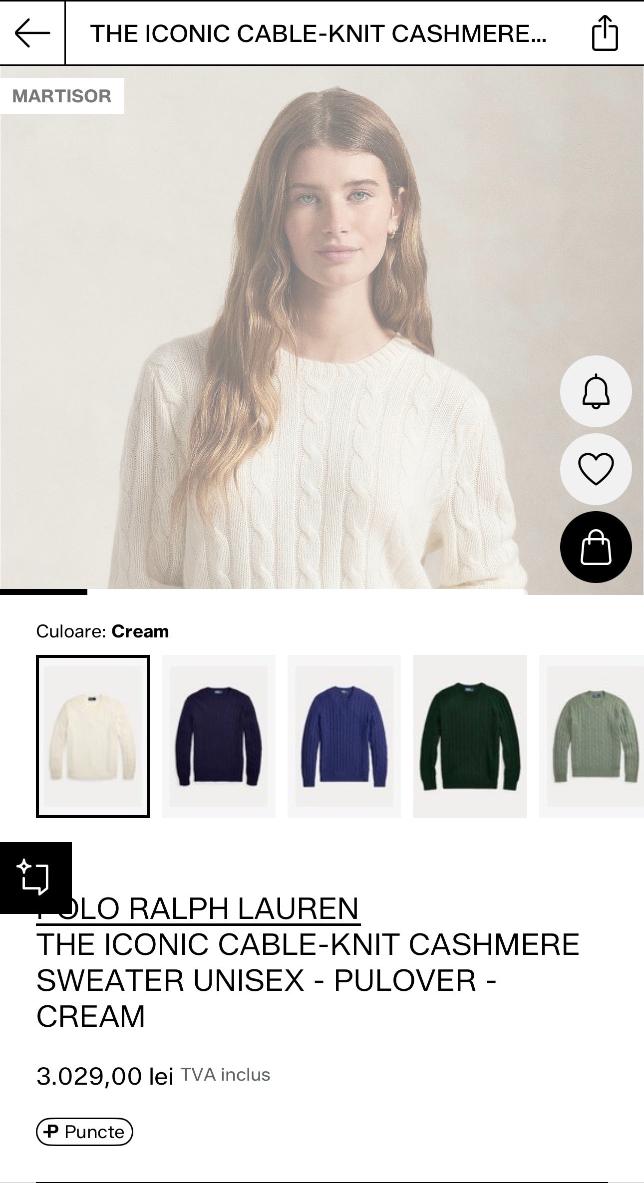 Pulover Ralph Lauren din cașmir The Iconic cable knit light camel