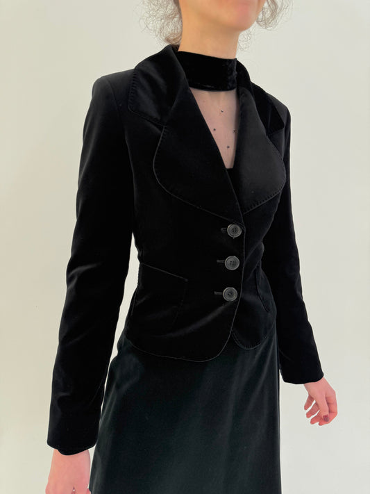 Sacou Max Mara negru cambrat din catifea cu revere rotunjite