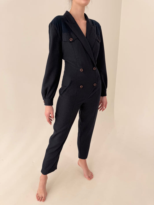 Salopetă tall tip sacou dark blue cu talie ultra înaltă marcată și închidere dublă