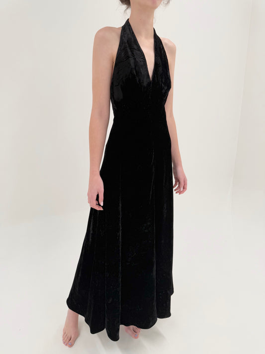 LBD old vintage maxi de colecție ani 60 târzii cu spate decupat  din catifea