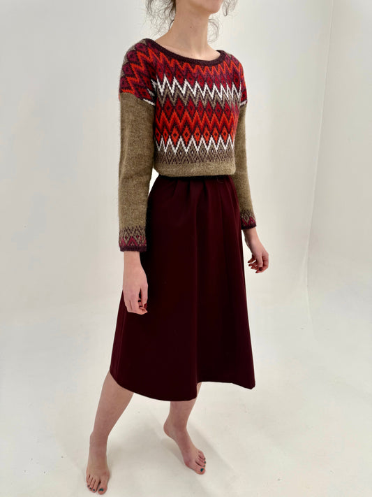 Fustă vintage burgundy din lana plină extrafina în croi amplu cu talie ultra înaltă
