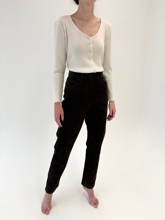 Pantaloni tall din piele naturală dark chocolate brown