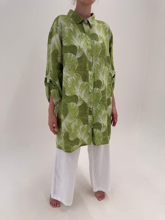 Tunica în croi lung / rochie din in premium cu print organic în nuanțe de verde