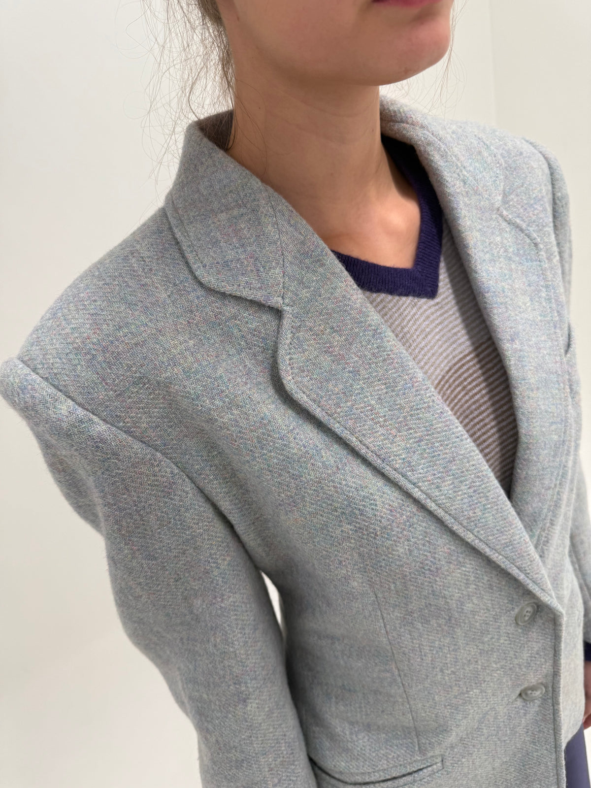 Sacou din tweed gros curcubeu în culori pudrate din lana cu mohair și umeri accentuați