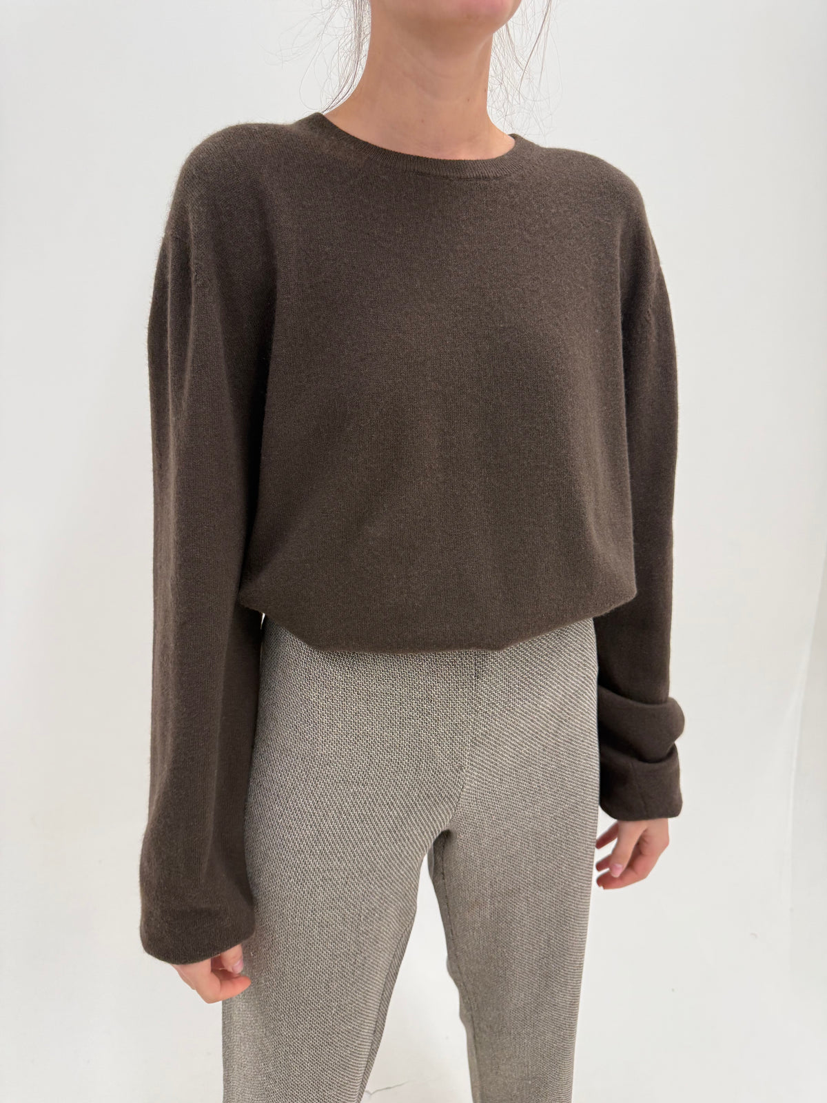 Pulover din cașmir taupe plus size crew neck
