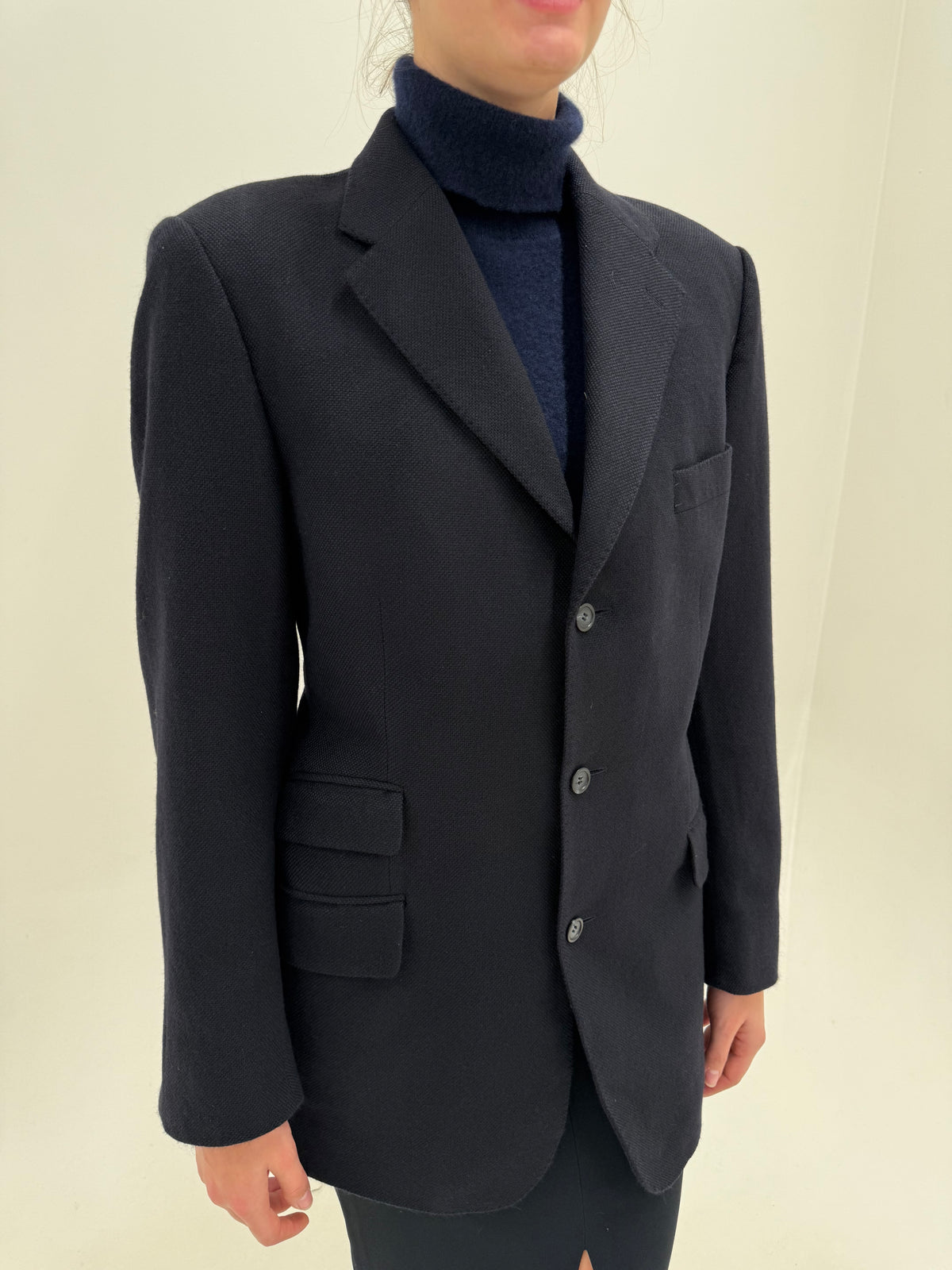 Sacou Burberry din lana extrafina groasă texturată Navy blue în croi actual tip palton