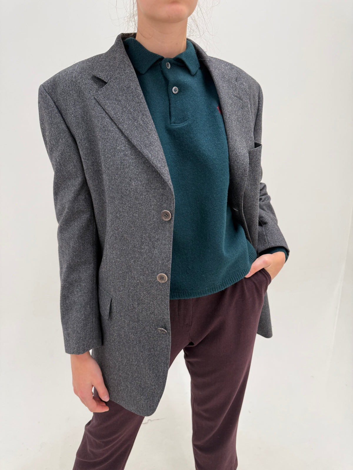 Sacou Burberry vintage din wool flanel extrafina de lana în croi actual lung
