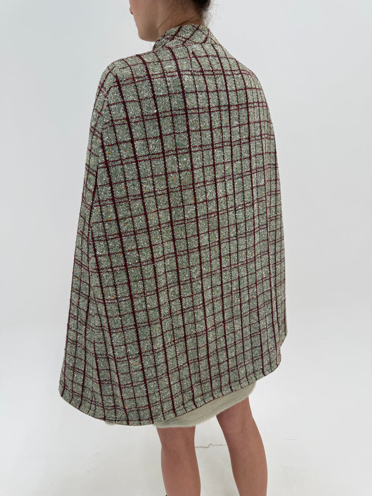 Capa old vintage din tweed de lana ușor structurat în carouri burgundy